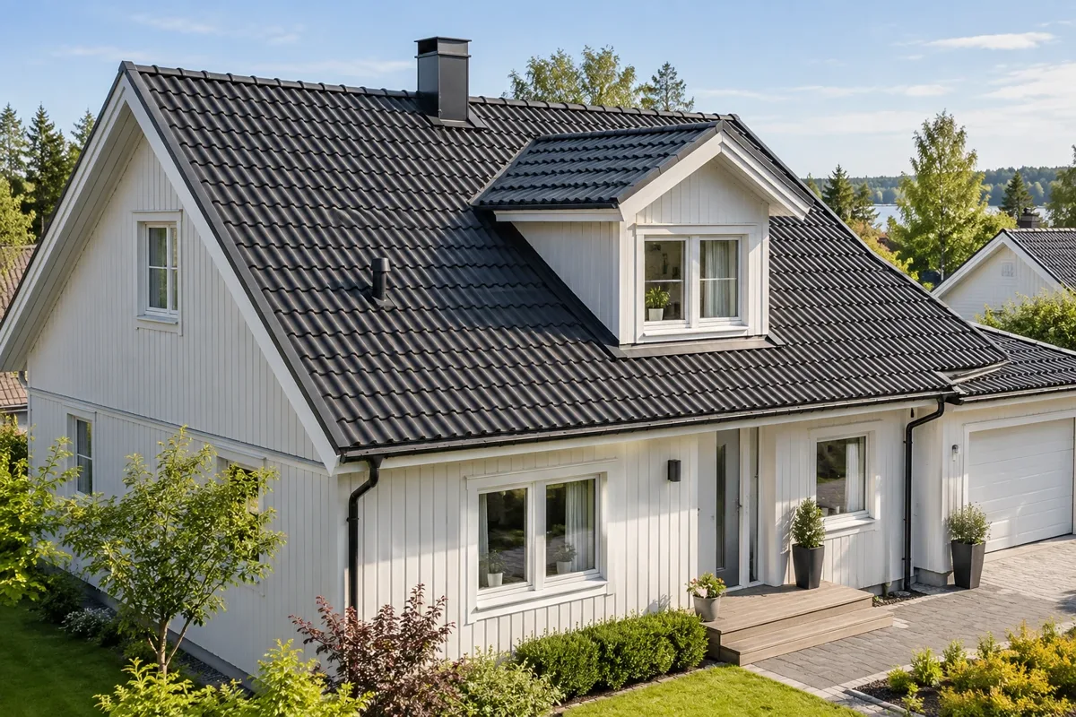 Vit villa med svart tak av betongpannor