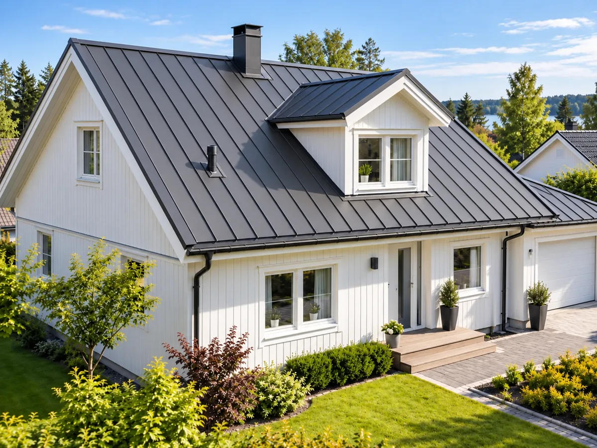 Vit villa med grått falsat plåttak