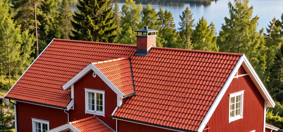 Rött tegeltak med skorsten på faluröd villa